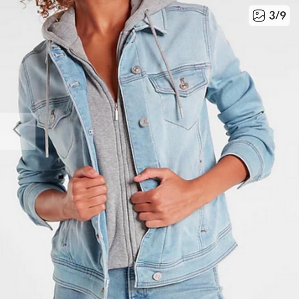 Express Light Blue Denim Jacket with Hoodie sz L
